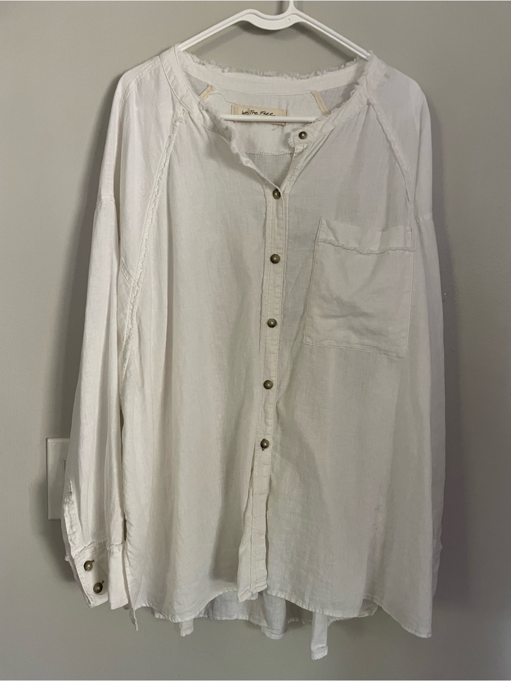 We The Free People Keep It Simple Frayed Linen Button Down Shirt White Sz L